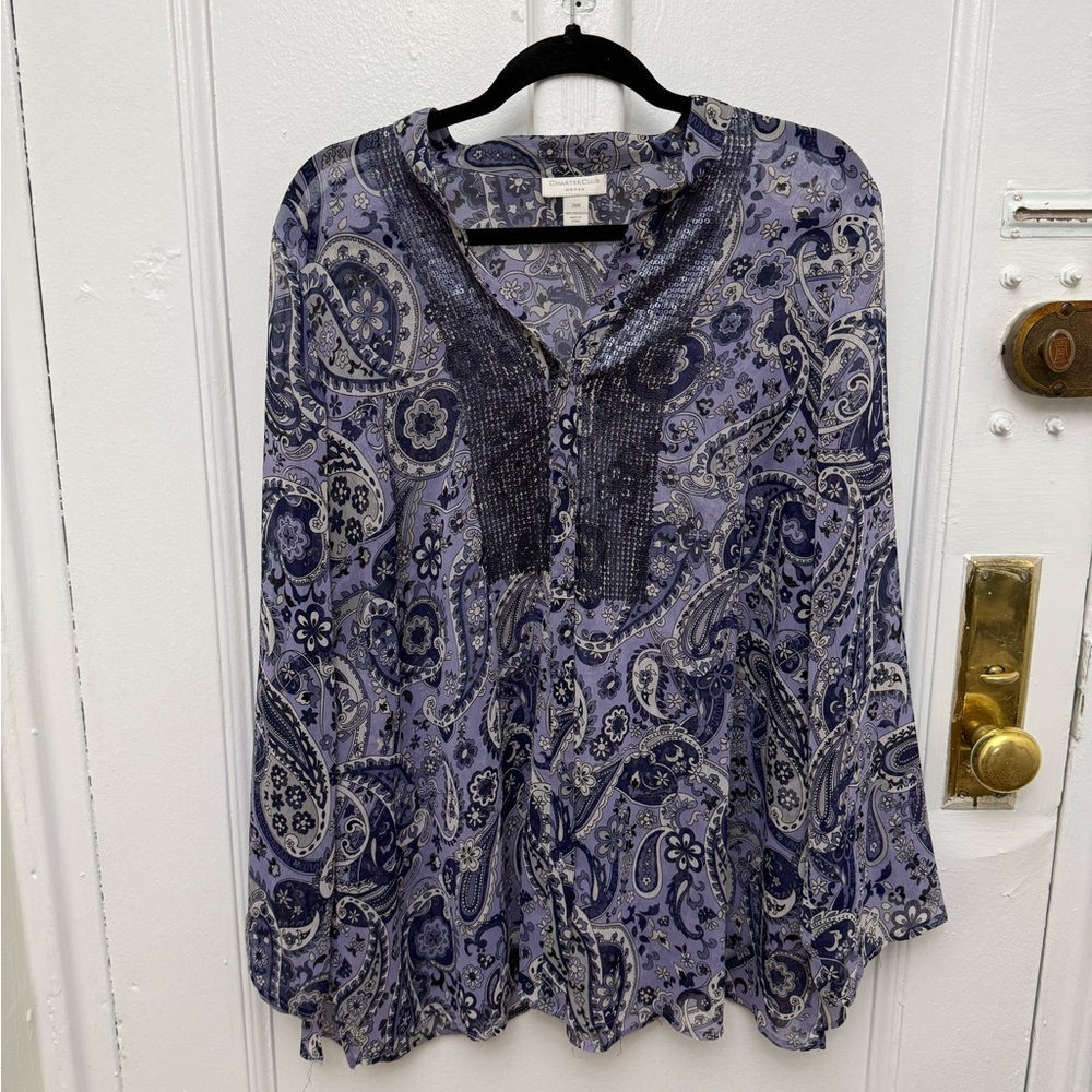 Vintage Charter Club Woman Purple Paisley Print Sequin Button Up Blouse